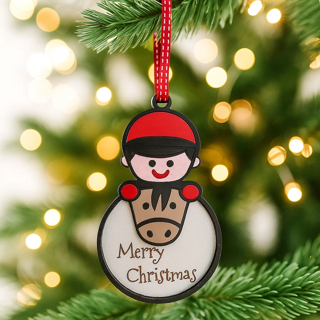 Christmas Bauble with pony and rider with the words Merry Christmas engraved on it