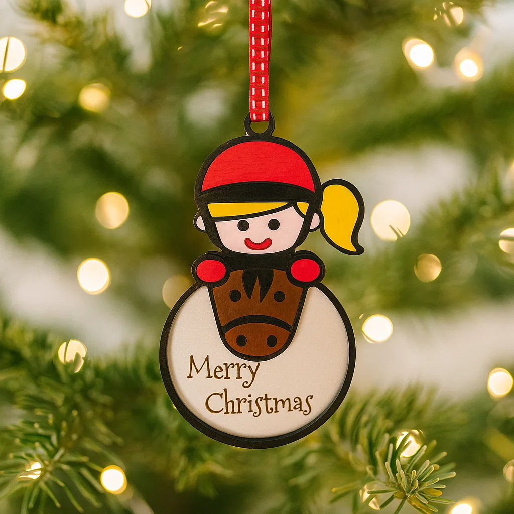 Christmas Bauble with pony and rider with the words Merry Christmas engraved on it