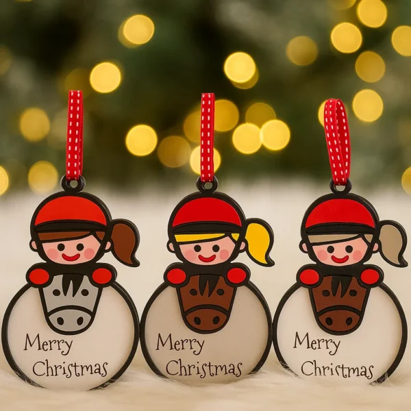 Group of Christmas Baubles with ponies and riders with the words Merry Christmas engraved on it