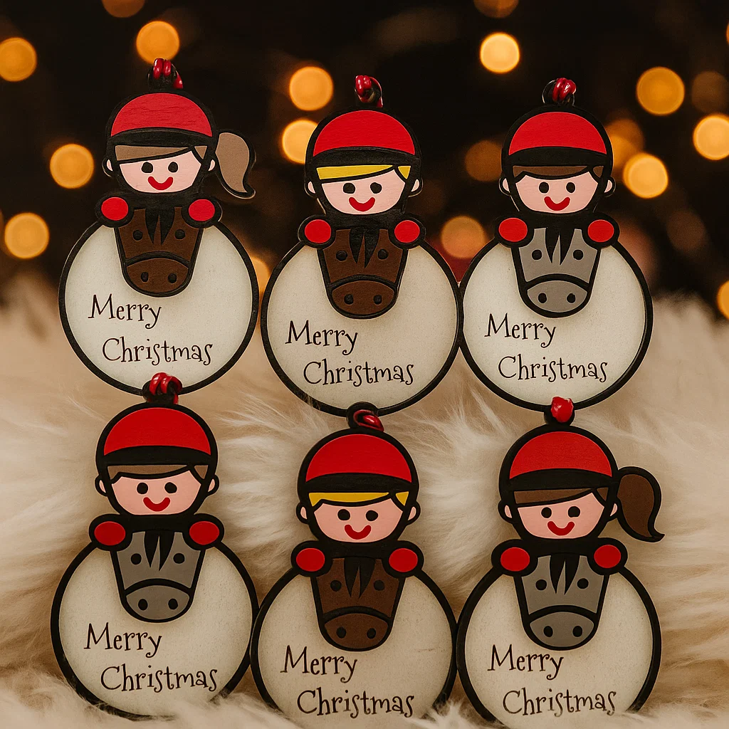 Group of Christmas Baubles with ponies and riders with the words Merry Christmas engraved on it