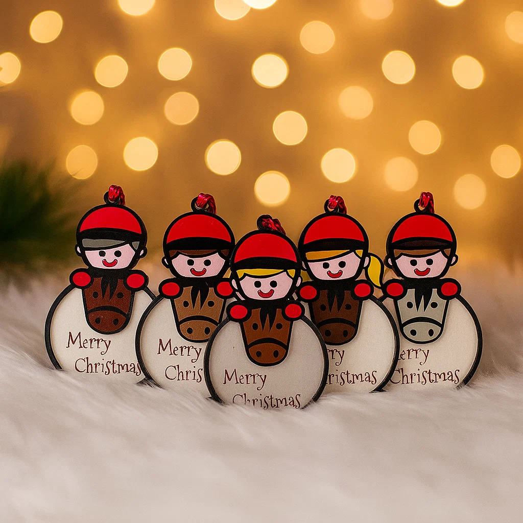 Group of Christmas Baubles with ponies and riders with the words Merry Christmas engraved on it