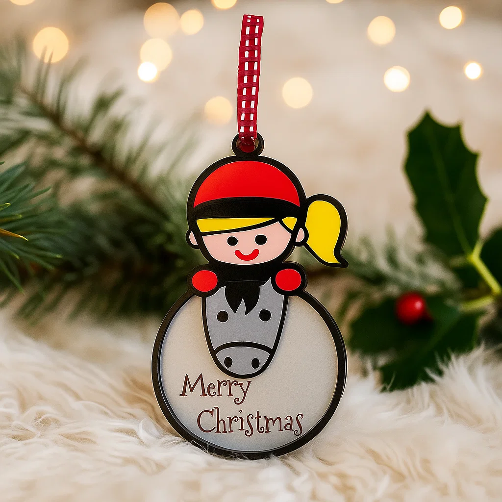 Christmas Bauble with pony and rider with the words Merry Christmas engraved on it