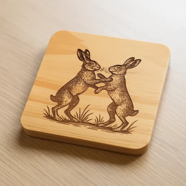 Wooden coater with a pair of hares engraved in it