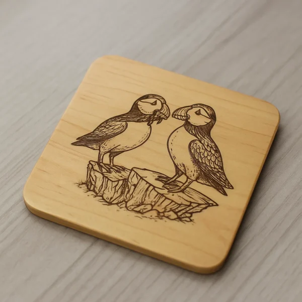 Wooden coater with a Pair of Puffins engraved in it