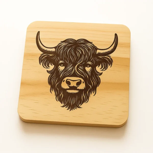 Wooden coater with a Highland Cow head engraved in it