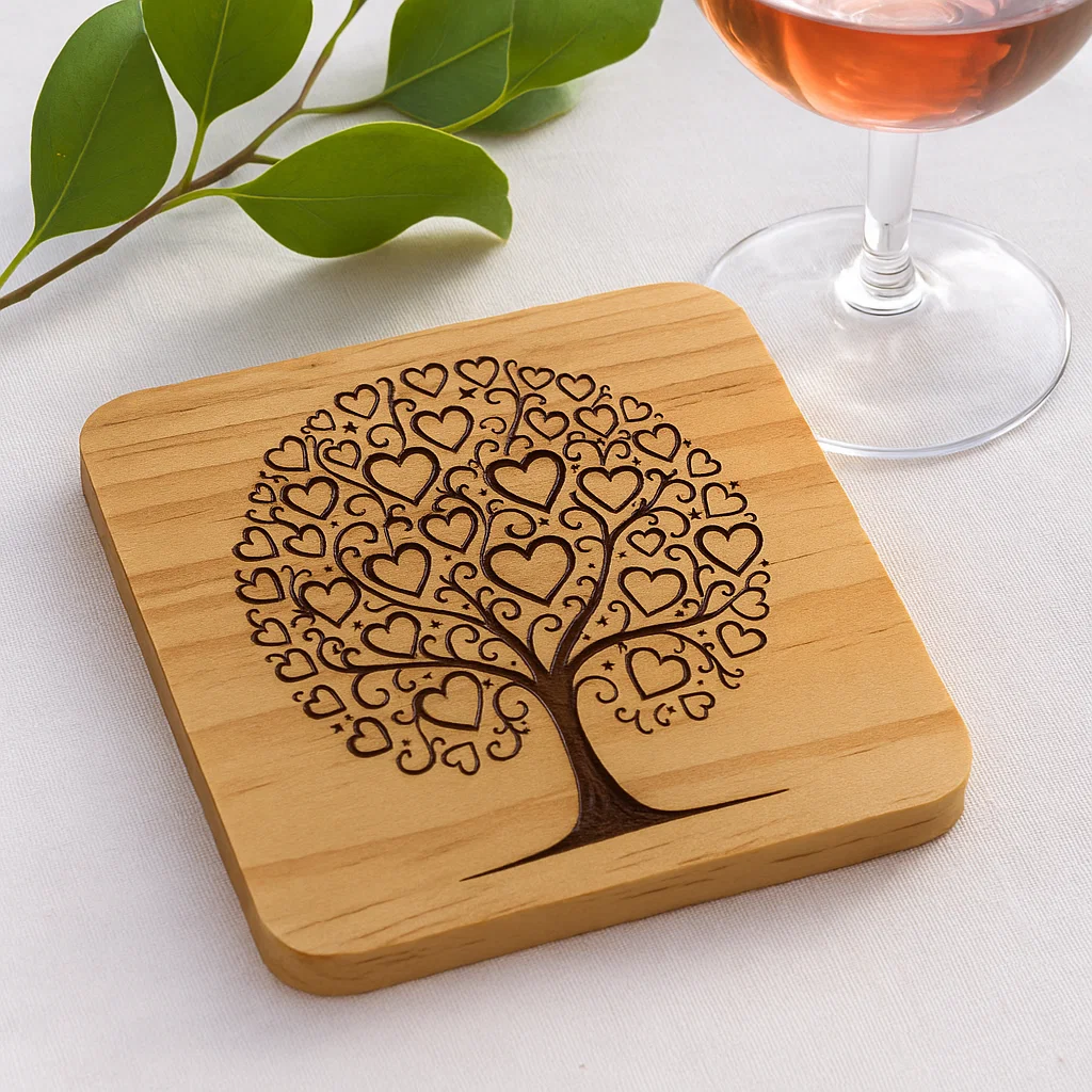 Wooden coater with a Tree of hearts engraved in it
