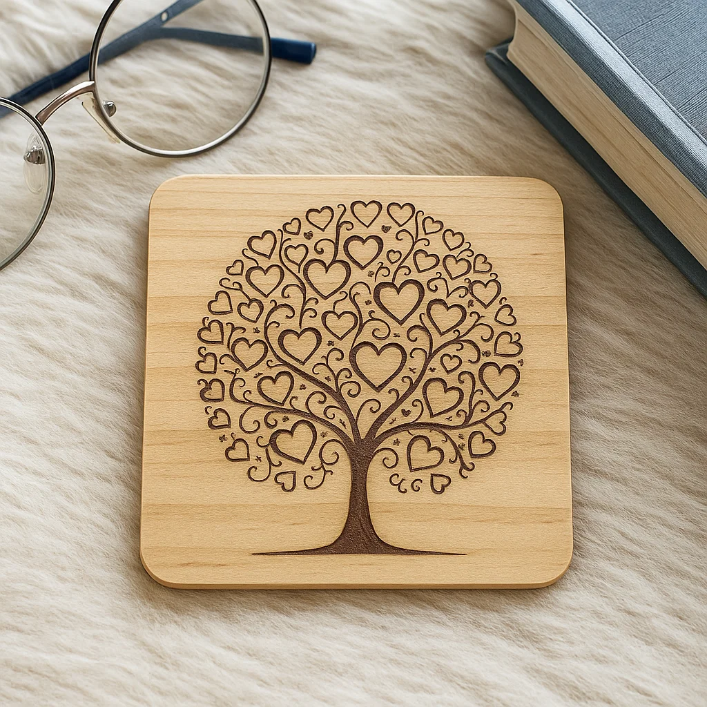 Wooden coater with a Tree of hearts engraved in it