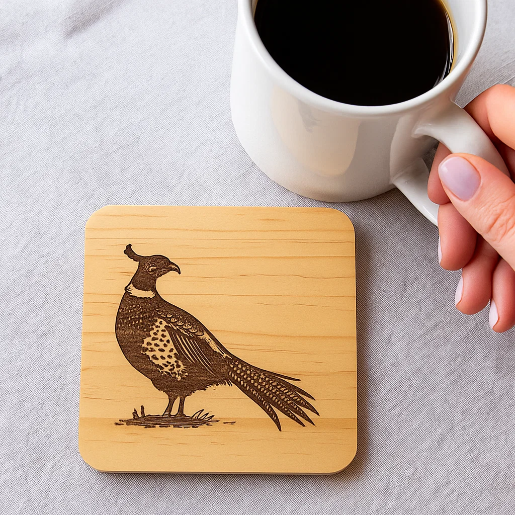 Wooden coater with a Pheasant engraved in it