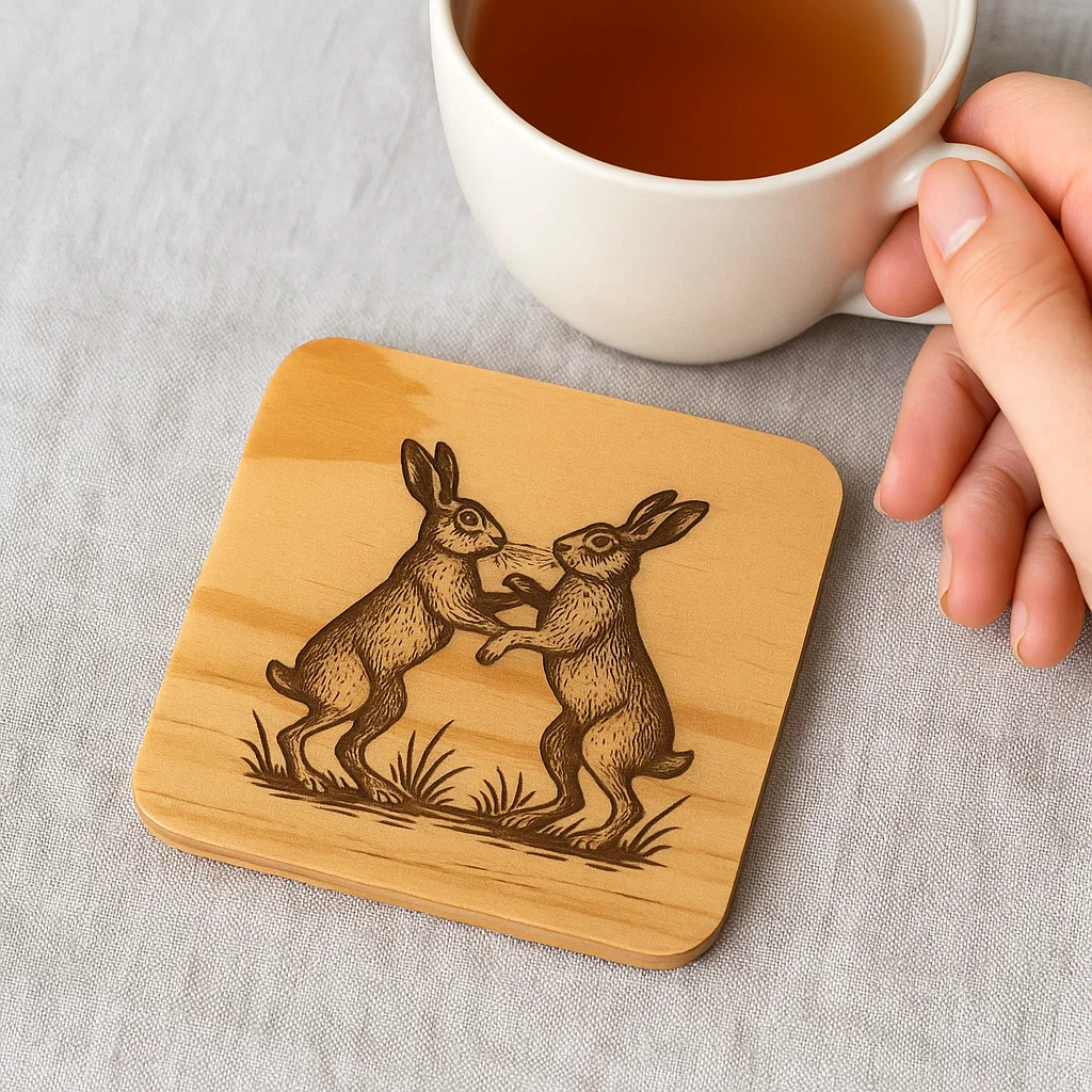 Wooden coater with a pair of hares engraved in it
