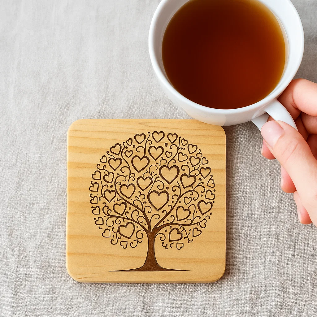 Wooden coater with a Tree of hearts engraved in it