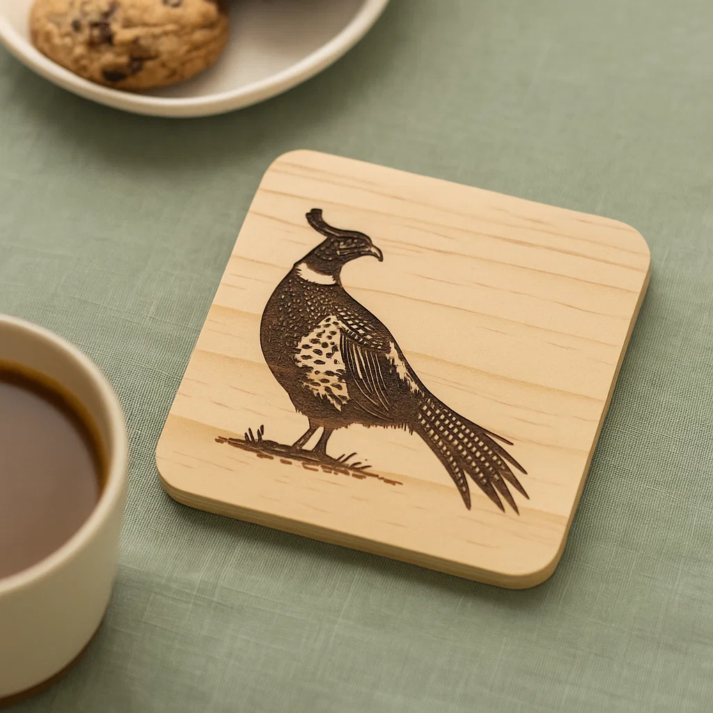 Wooden coater with a Pheasant engraved in it