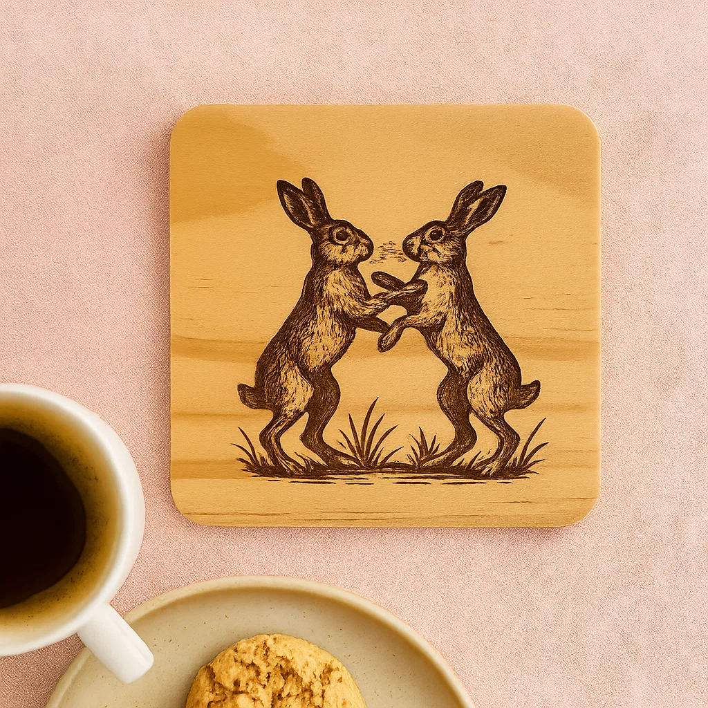 Wooden coater with a pair of hares engraved in it