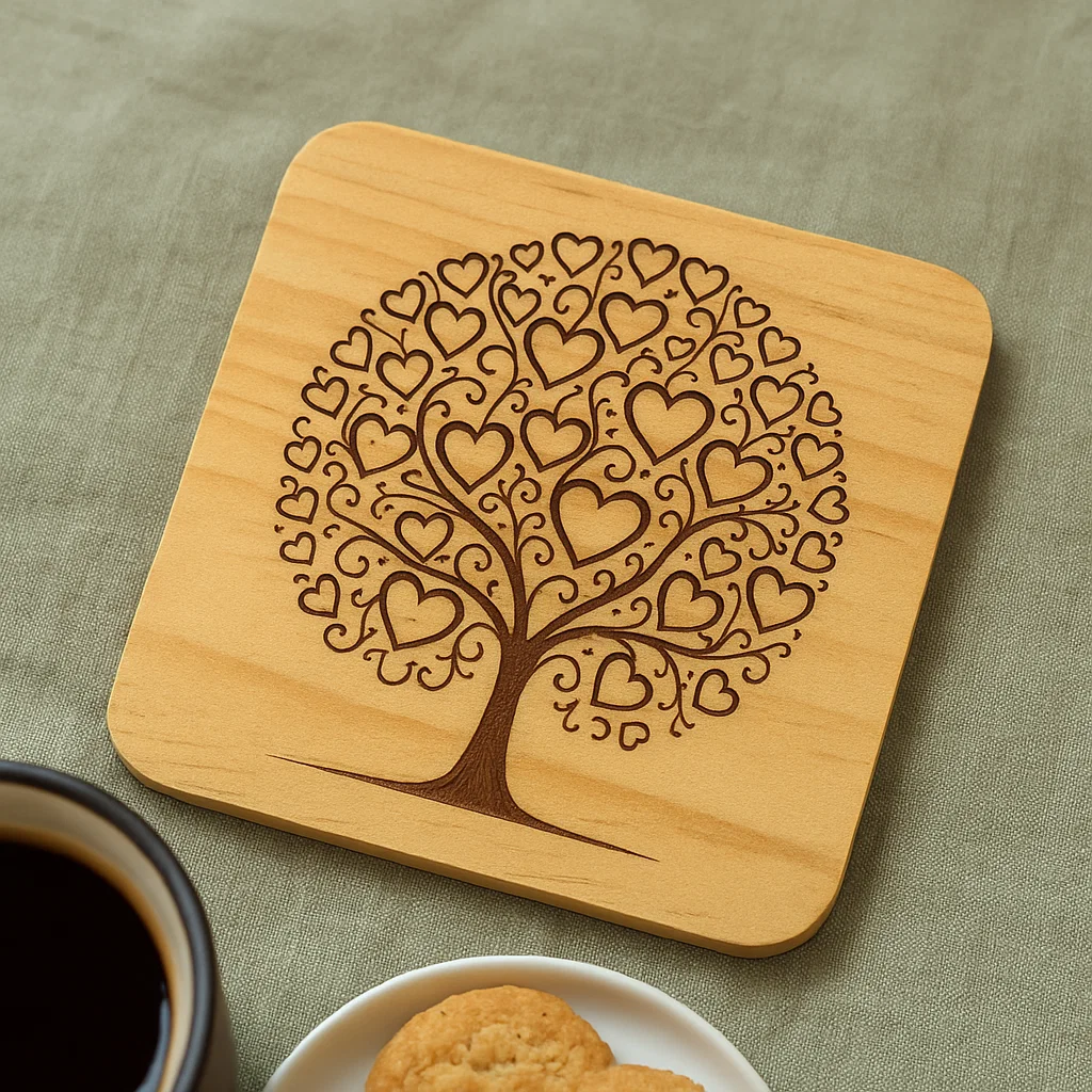 Wooden coater with a Tree of hearts engraved in it