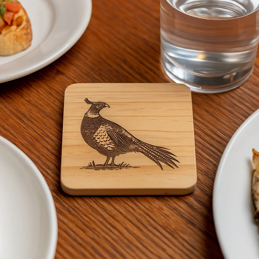 Wooden coater with a Pheasant engraved in it