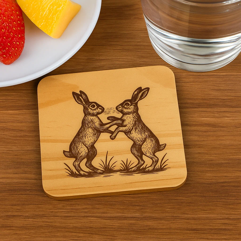Wooden coater with a pair of hares engraved in it