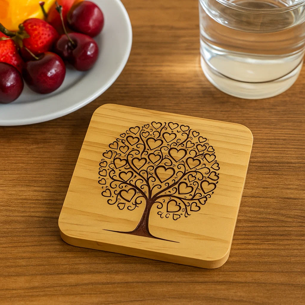 Wooden coater with a Tree of hearts engraved in it