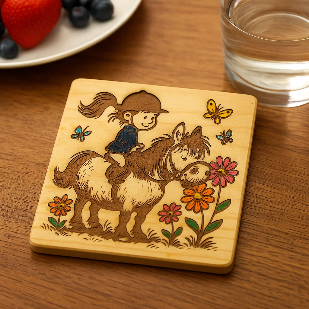 Wooden coaster with Pony and rider engraved in a cartoon style