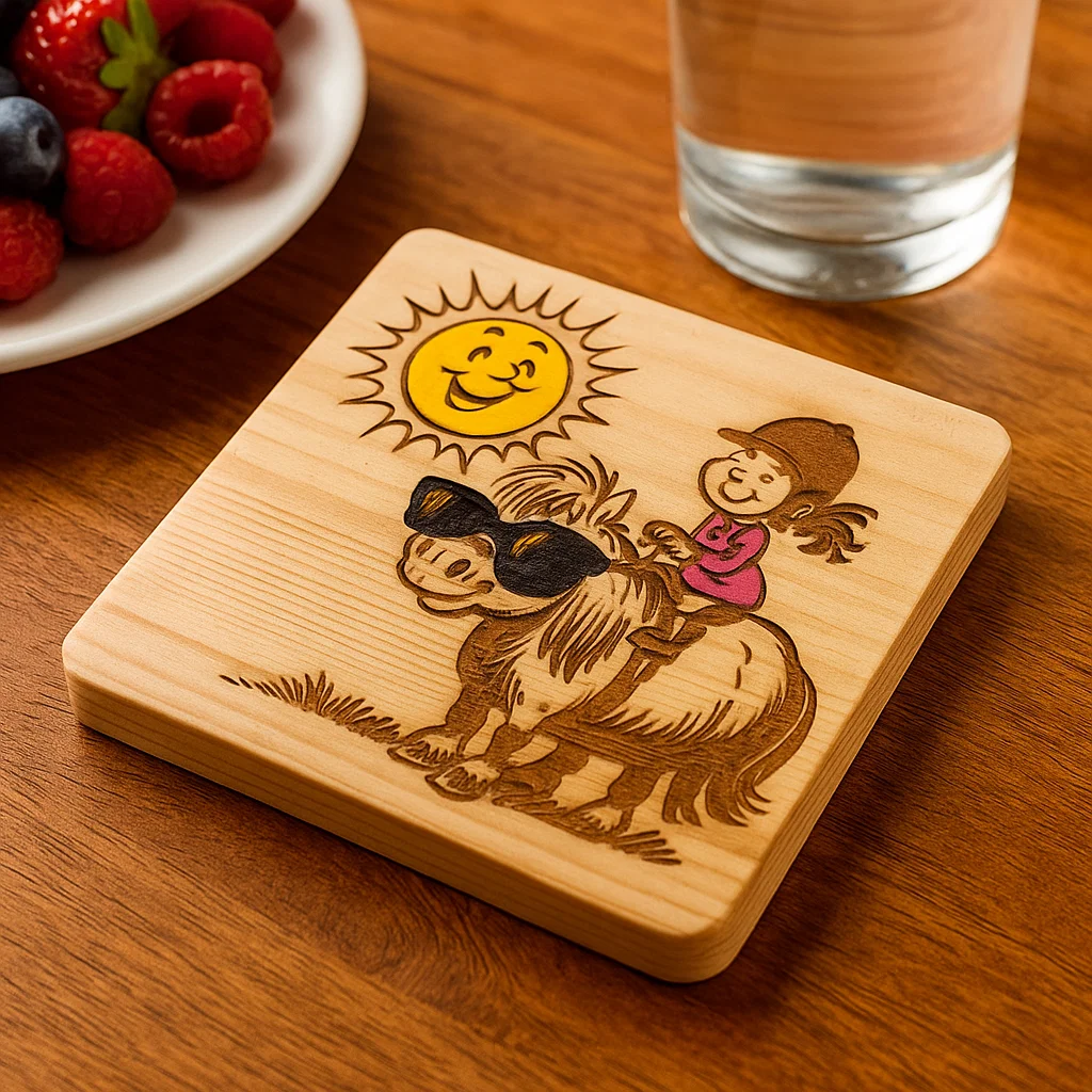 Wooden coaster with Pony and rider engraved in a cartoon style