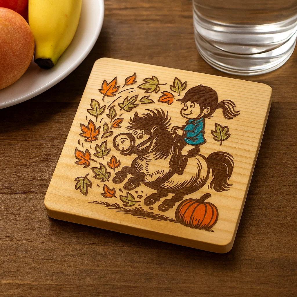 Wooden coaster with Pony and rider engraved in a cartoon style
