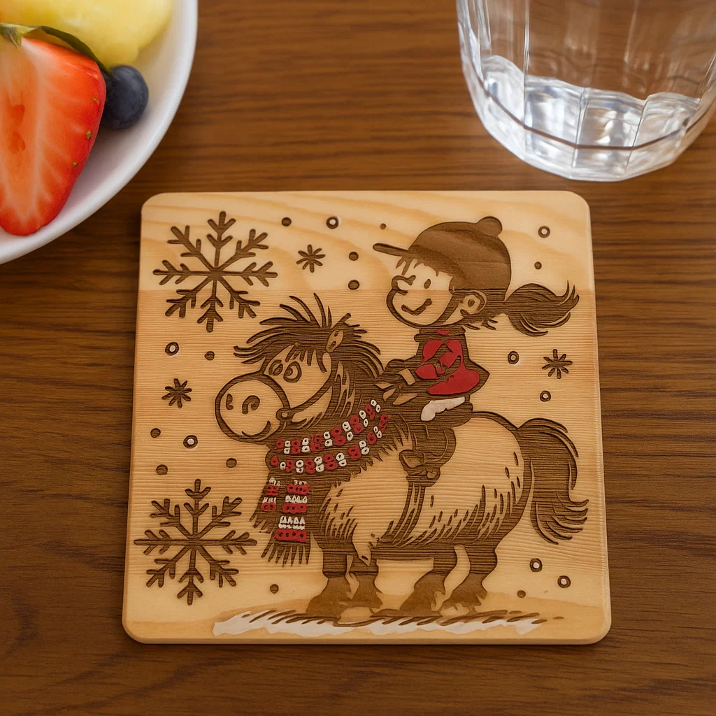 Wooden coaster with Pony and rider engraved in a cartoon style
