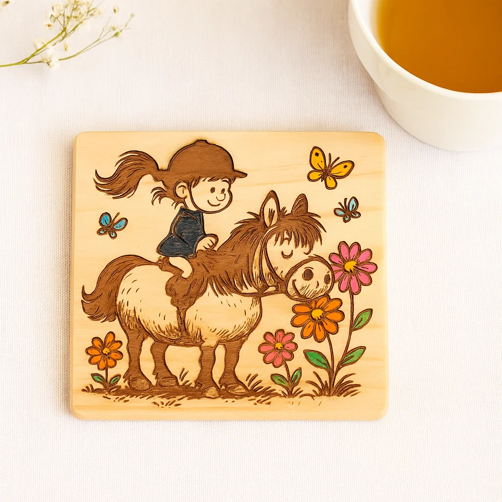 Wooden coaster with Pony and rider engraved in a cartoon style