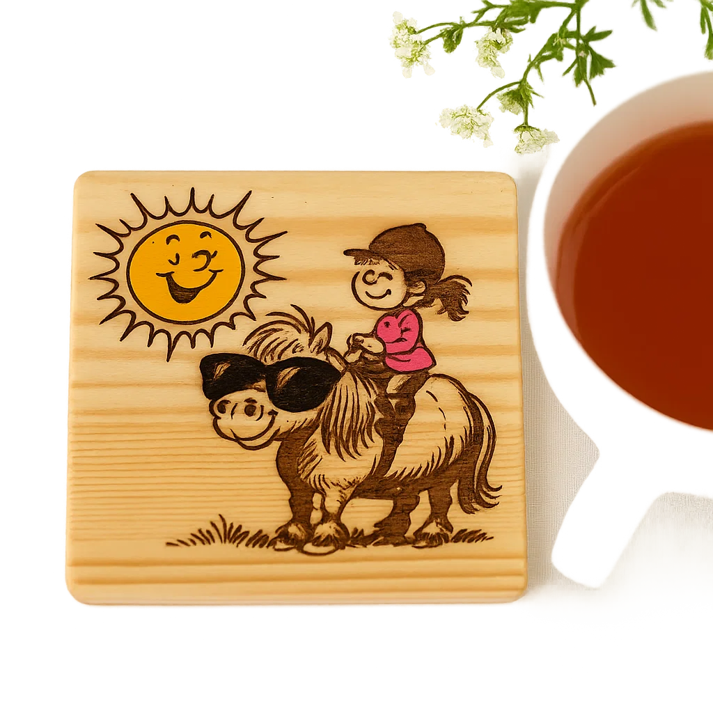 Wooden coaster with Pony and rider engraved in a cartoon style