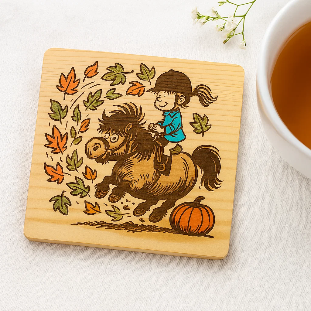 Wooden coaster with Pony and rider engraved in a cartoon style
