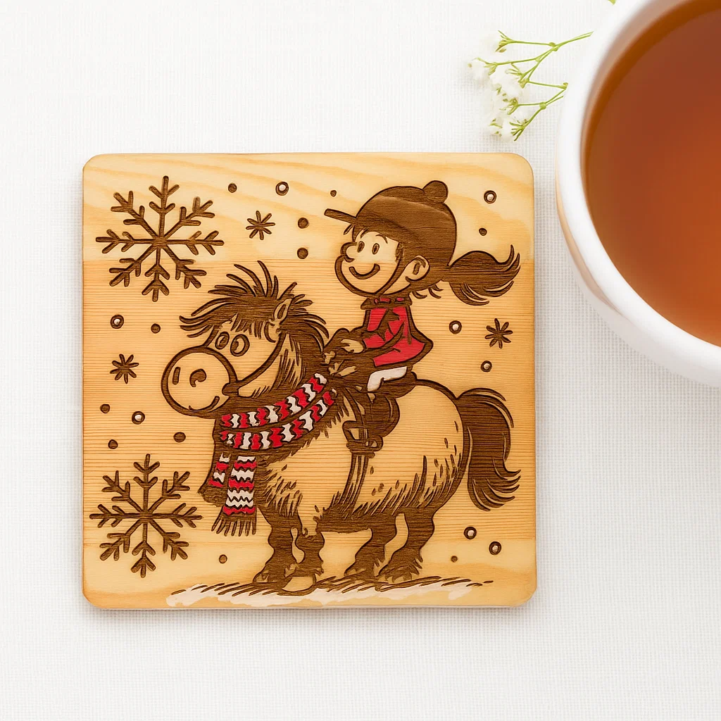 Wooden coaster with Pony and rider engraved in a cartoon style