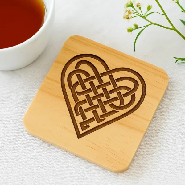 Wooden coater with a Celtic heart knot engraved in it