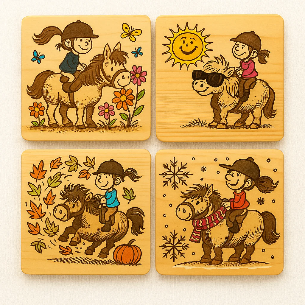 Wooden coaster with Pony and rider engraved in a cartoon style