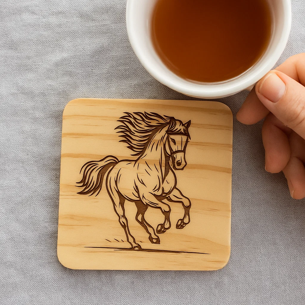 Wooden coater with a galloping horse engraved in it