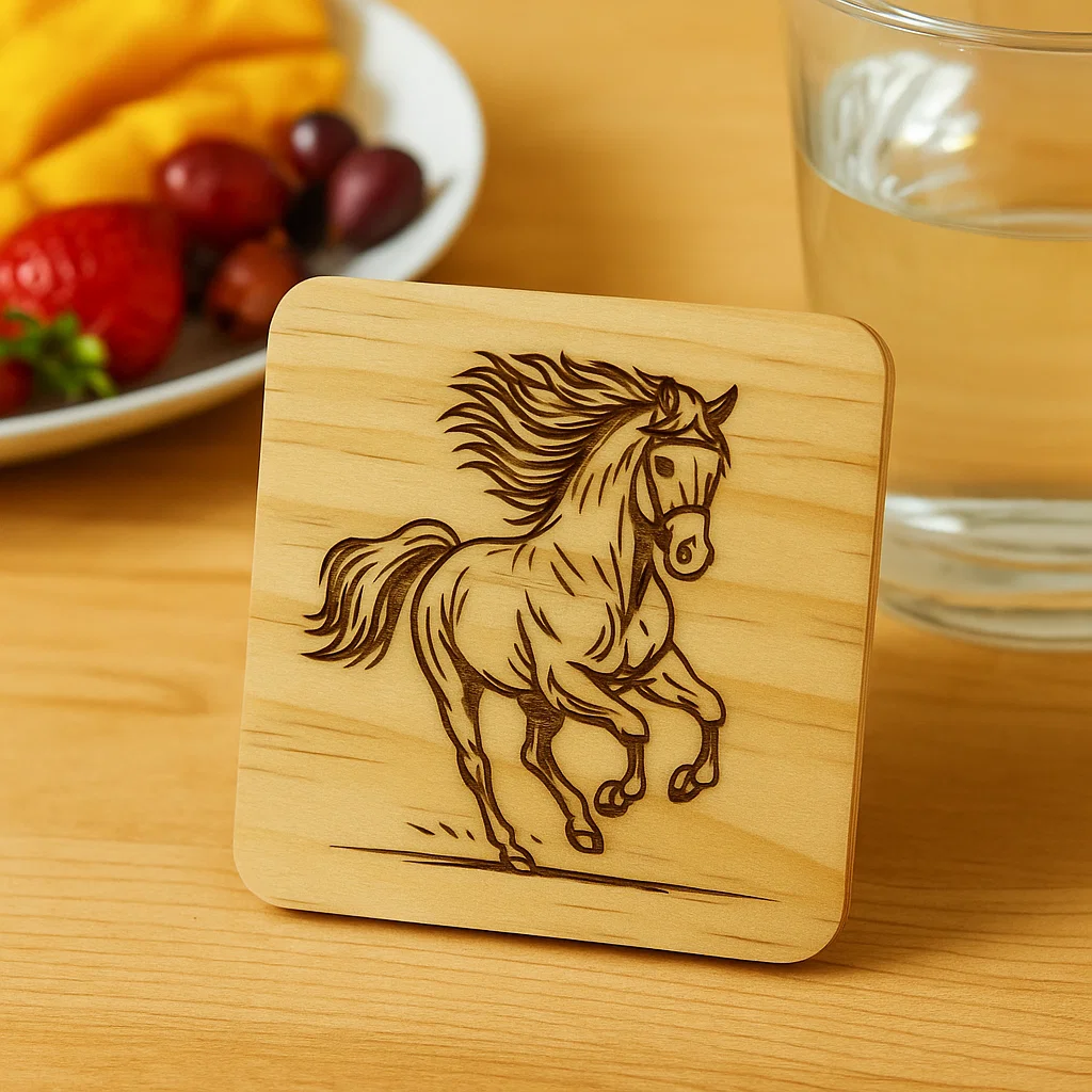 Wooden coater with a galloping horse engraved in it