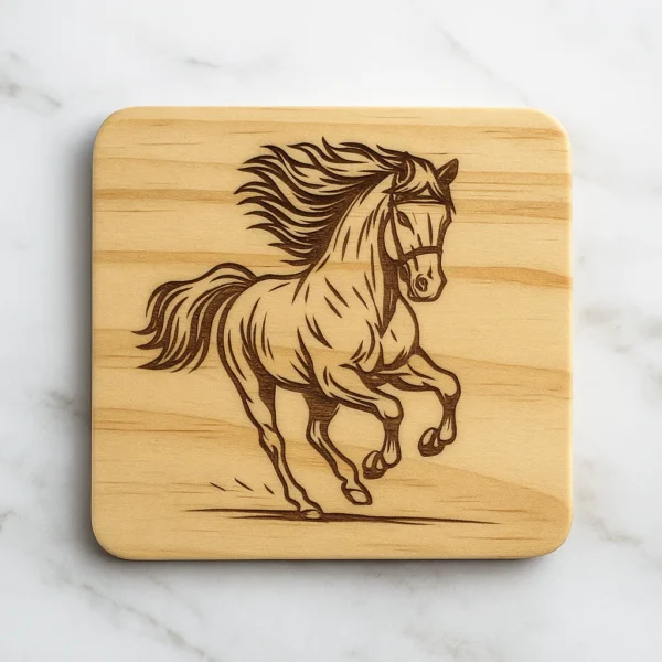 Wooden coater with a galloping horse engraved in it