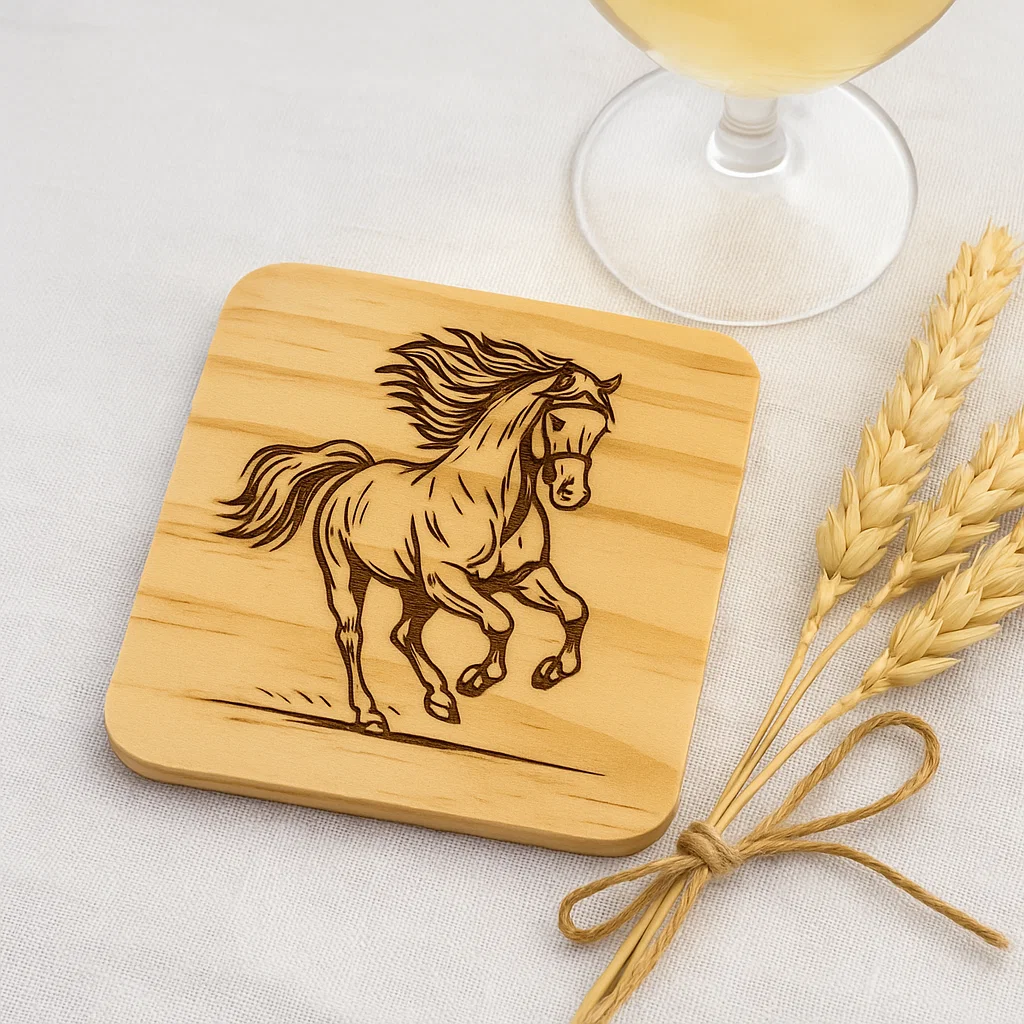 Wooden coater with a galloping horse engraved in it