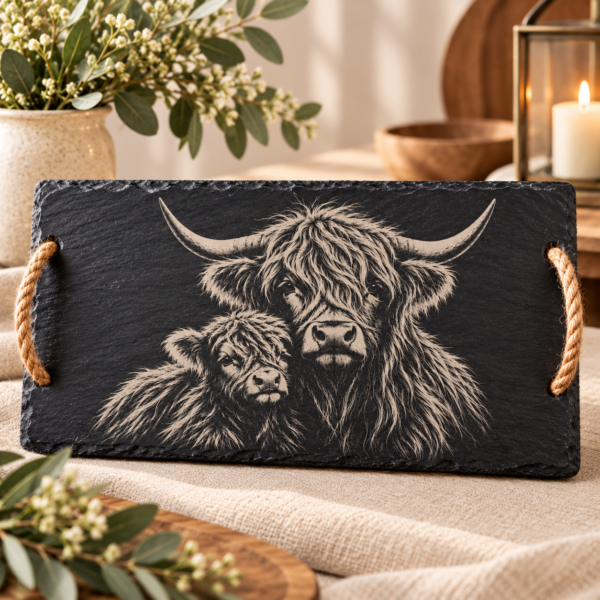 Slate Serving Board with Rope Handles - Highland Cow & Calf