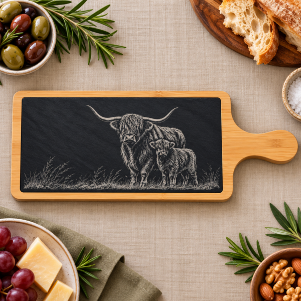 Slate and Bamboo Serving Board - Highland Cow Family