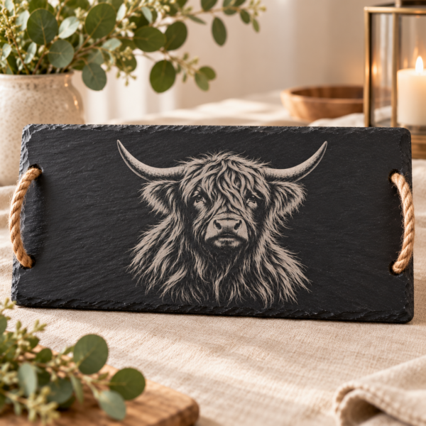 Slate Serving Board with Rope Handles - Highland Cow