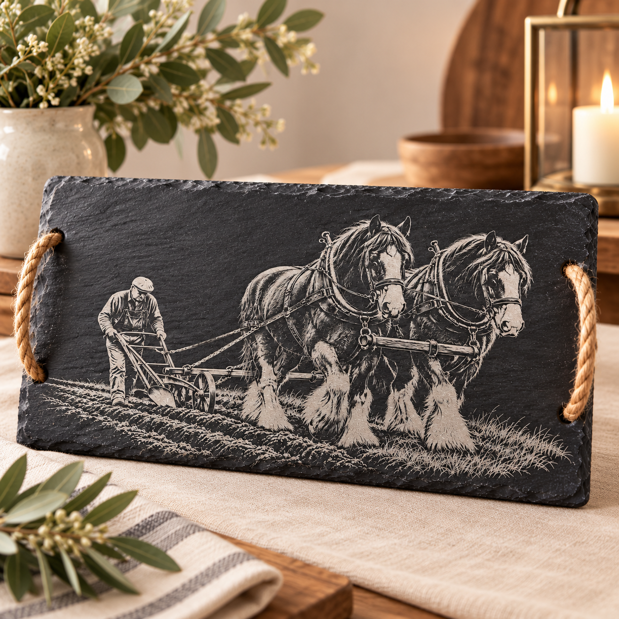 Slate Serving Board with Rope Handles - Working Horses